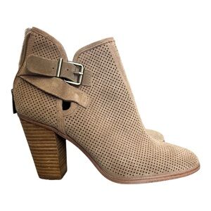 Vince Camuto Perforated Taupe Suede Ankle Booties with Buckle